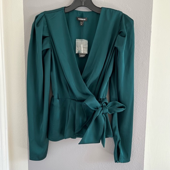 Express Green Satin Pleated Sleeve Wrap Front Bow Top - Picture 9 of 9